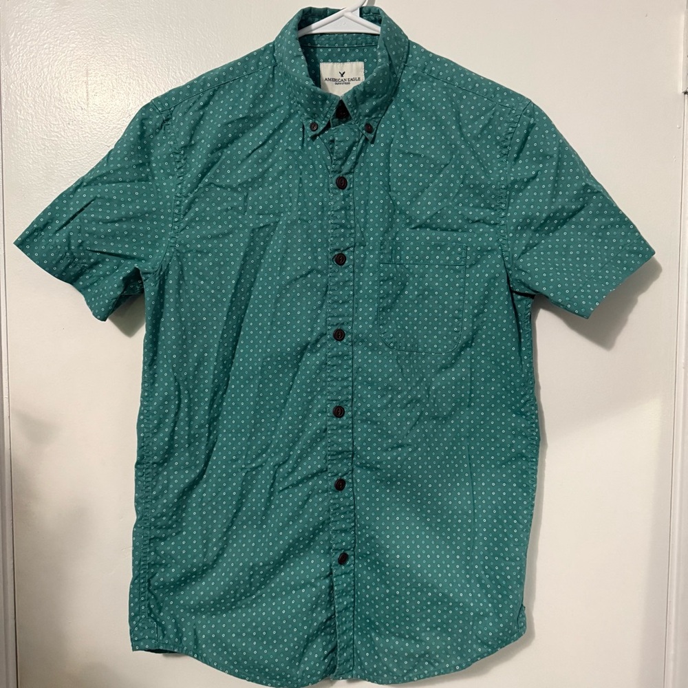 AEO teal dusty green circle dot print all-over short sleeve button shirt XS